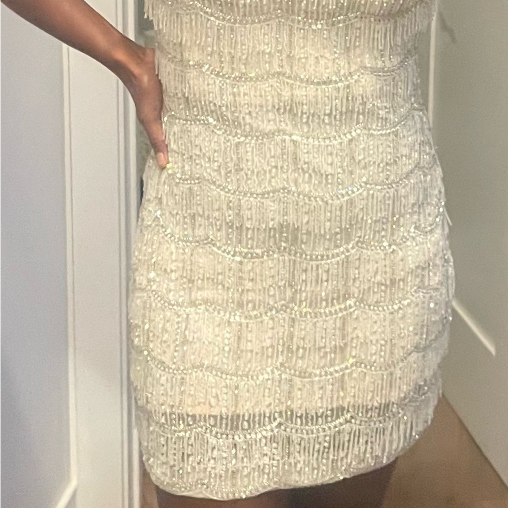 Rachel Gilbert Champagne Beaded Fringe Mini Dress - Picture 3 of 3